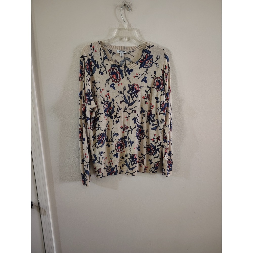 Old Navy Womens XL Beige Floral Knit Crew Neck Long Sleeve Pullover Sweater
